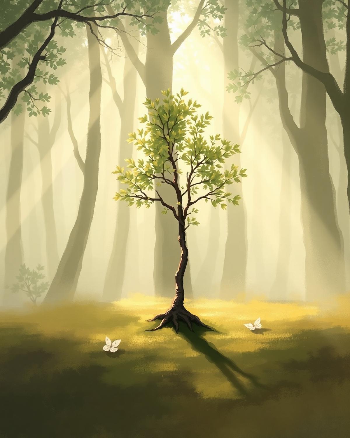 A young sapling rooted in soft forest light